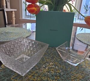 Tiffany & Co. Clear Glass Square Serving Bowls with Blue Box